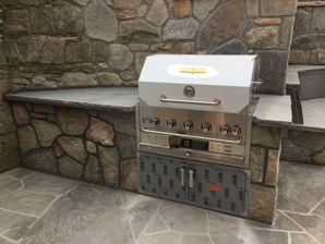 Outdoor Patio, Retaining Wall, Grill & Bench with Weathered Granite Mix & Bluestone Tops in Atlanta, GA (2)